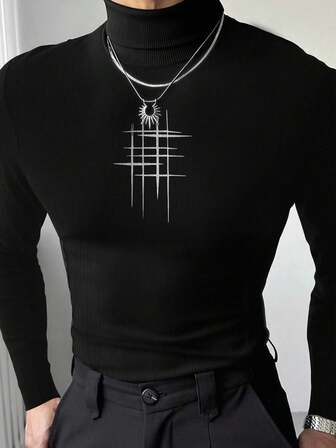 Manfinity Herren Minimalistisches Muster Rollkragen Langarm T-Shirt