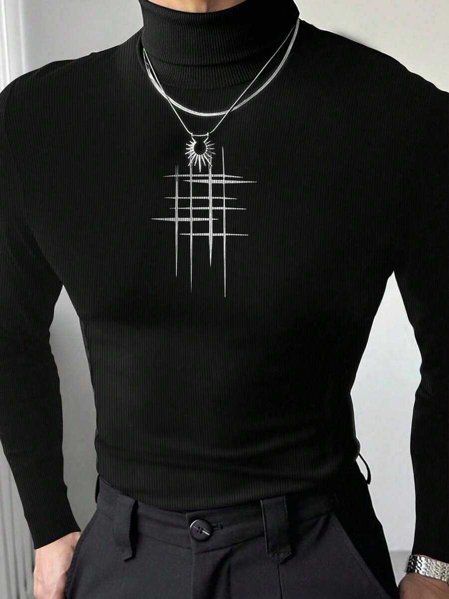 Manfinity 男士极简印花高领长袖T恤 - 黑色 - 查看 1