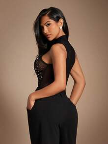 Radiana 女士性感优雅奢华黑色透视网纱水钻连体衣，闪亮水钻点缀上衣，适合约会、聚会、庆典、俱乐部、夜店、派对、音乐节、圣诞节、新年夜、节日穿着 - 黑色 - 查看 3