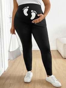 SHEIN 春季女装，加大码孕妇极简印花高腰打底裤，带脚印印花，高弹力打底裤