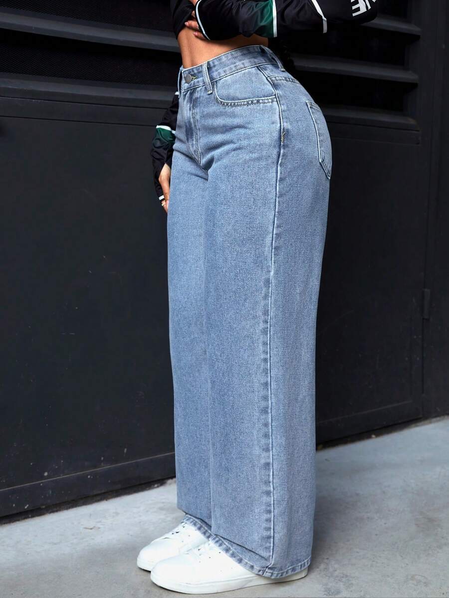 SHEIN PETITE 女士简约纽扣口袋休闲牛仔裤，日常穿着 - 淺藍色 - 查看 1