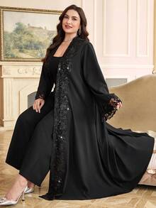 Al Najma Plusstorlek Dam Elegant Patchwork Spetsfront Öppen Abaya Morgonrock, Höst - Svart - Visa 7