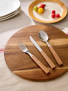 Cirelle Bộ đồ ăn đơn giản 1 món với tay cầm bằng gỗ tự nhiên, bộ dao, nĩa và thìa bằng thép không gỉ cao cấp, thích hợp cho gia đình/cắm trại/du lịch, bề mặt sáng bóng như gương, dao, nĩa và thìa ăn bít tết, thích hợp cho tháng Ramadan. - Nhiều màu - Xem 2