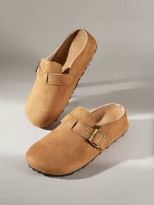 Solecia Women's Solid Color Metal Buckle Design Flat Shoes For Christmas - Khaki - View 3