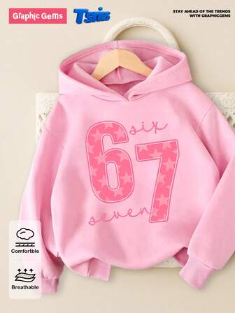 GraphicGems Tween Girls Cozy Fall & Winter Styles Casual Fashion Creative Personalized Fresh High-End Minimalist 67 Pink Star Letter Slogan Graphic Print Hoodie Sweatshirt, Comfortable Outfit For Girls In Autumn/Winter