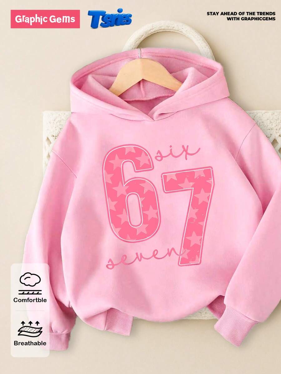 GraphicGems 少女秋冬舒适休闲时尚创意个性清新高端简约67粉色星星字母印花连帽卫衣，秋冬季穿着舒适 - 粉色 - 查看 1