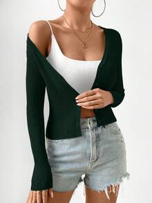 Women's Casual V-Neck Button Down Lightweight Cardigan, Solid Color, Slim Fit, Versatile For Daily Commute, Autumn - Dark Green - View 3