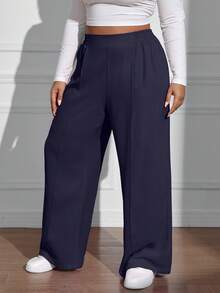 Pantalones rectos de cintura elástica de unicolor casual de talla grande, otoño - Azul Marino - Ver 3