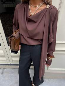 Siren Gaze New Spring/Autumn Style Brown Ribbon And Metal Button Blouse For Women, Brown Slouchy Collar Irregular Shirt Coffee Brown Top Casual - Brown - View 1