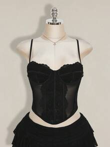 SHEIN ICON 女士黑色蕾丝拼接紧身纯色不对称下摆吊带背心 - 黑色 - 查看 1