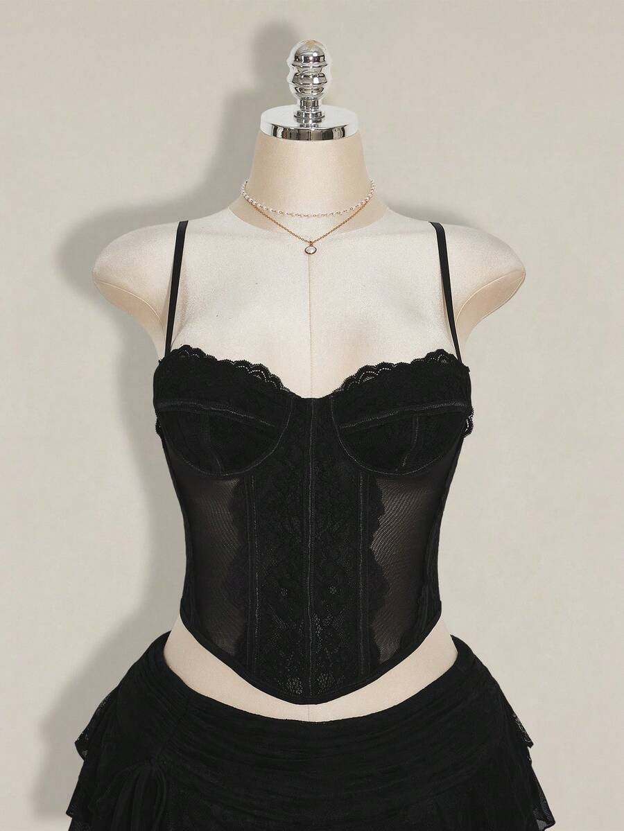 SHEIN ICON 女士黑色蕾丝拼接紧身纯色不对称下摆吊带背心 - 黑色 - 查看 1