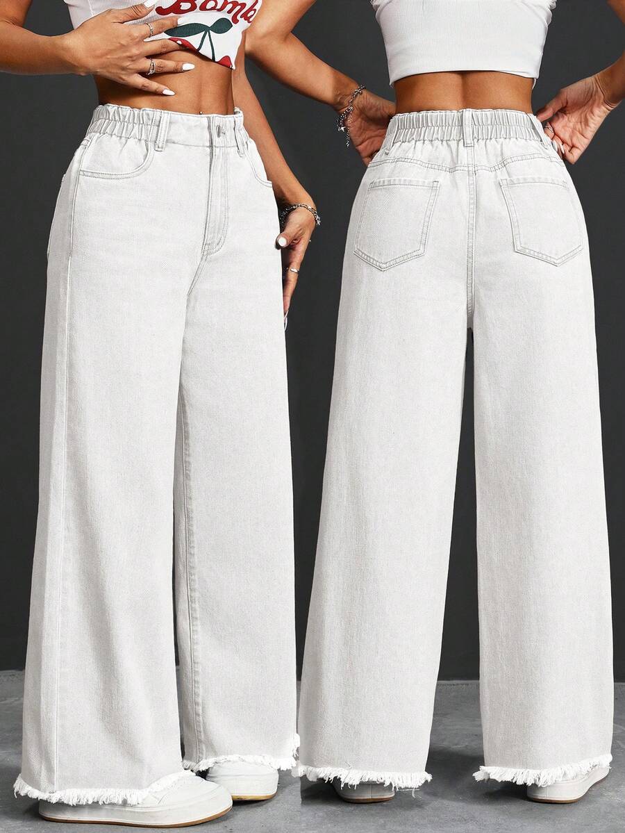 SHEIN PETITE Women's High Waist Pocketed Wide Leg Loose Casual Versatile Jeans Jeans Wide Leg Elastic Waist Jeans Women Jeans Baggy Loose Jeans Cowboy Pants For Women - White - View 1