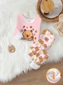 2pcs/Set Toddler Girls' Cute Bear Animal Print Pink Top & Bear Star All-Over Print Crew Neck Long Sleeve Leggings Knit Fabric Comfortable Stretchy Thick Warm Autumn/Winter Outfit - Baby Pink - View 5