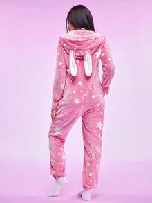 Pijama de una pieza con capucha de franela con diseño de oreja 3D para mujer, esponjoso para invierno - Multicolor - Ver 2