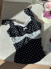 SHEIN EZwear 女士波点撞色蕾丝蝴蝶装饰设计时尚针织吊带衫 - 黑色 - 查看 4