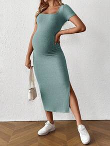 SHEIN 孕妇纯色方领短袖侧开衩修身休闲连衣裙 - 藍色 - 查看 7