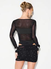 KIZN Bộ đồ liền thân cổ thuyền tay dài lưới đính đinh tán có chi tiết khoét eo và điểm nhấn kim loại cho tiệc tùng và hộp đêm - màu đen - Xem 2