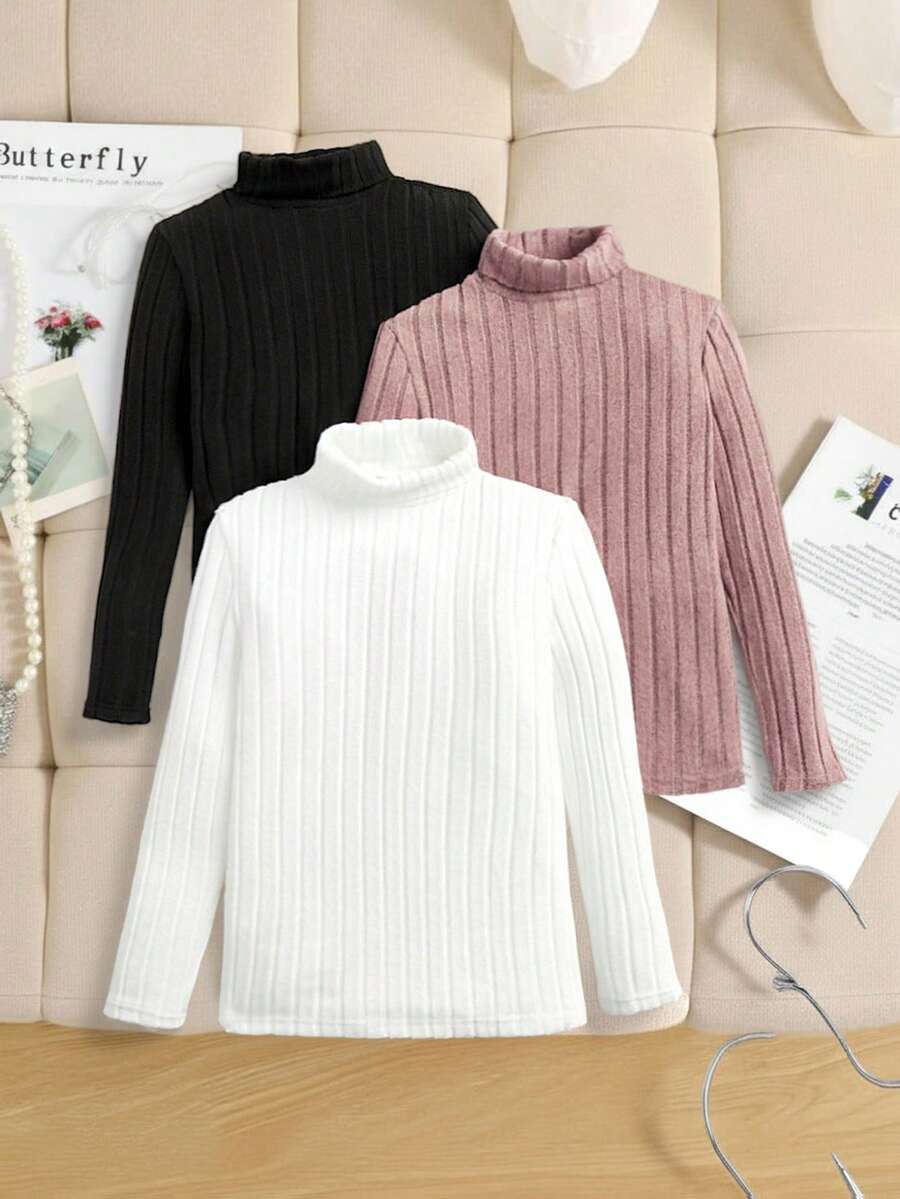 SHEIN 3件套少女休闲纯色针织高领长袖上衣 - 彩色 - 查看 1