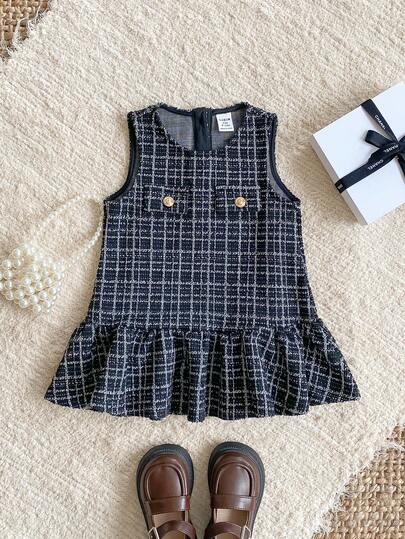 PrepCrw 1 件女婴优雅百搭金色纽扣装饰黑白格子圆领无袖连衣裙，适合休闲、外出、聚会、秋冬季