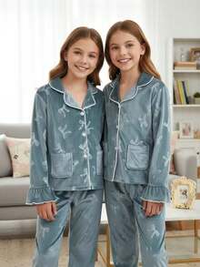 Valentine's Day Plush Butterfly Print Elegant Tween Girl Long Sleeve Cardigan & Pants 2 Pieces Loungewear/Pajama Set - Multicolor - View 5