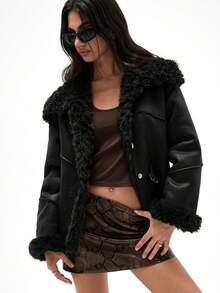 Aveloria GENKIRA Autumn/Winter New Khaki Women's Faux Fur Jacket, High-End Metallic Leather & Fur Blend Punk Collar Decorated Jacket, Fashionable & Versatile - Black - View 4