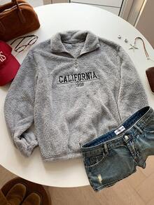 SHEIN EZwear 刺绣半拉链立领毛茸茸卫衣，带文字细节，秋冬长袖上衣