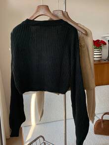 SHEIN EZwear 灯笼袖纽扣前罗纹针织开衫、长袖上衣、秋冬针织毛衣 - 黑色 - 查看 2