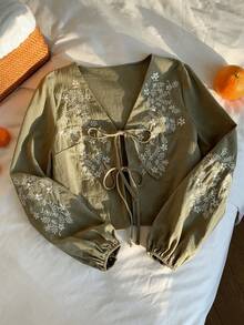 Comfortcana Áo sơ mi dài tay thêu cổ chữ V rộng rãi, giản dị, buộc dây phía trước dành cho nữ - xanh quân đội - Xem 7