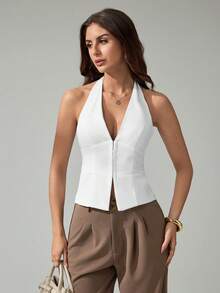 Tall Blazer casual de mujer de color negro sólido con cuello en V, chaleco de traje tejido, atuendo sexy de sirena de oficina, vintage, de maestra, para otoño, traje de oficina para mujer - Blanco - Ver 3
