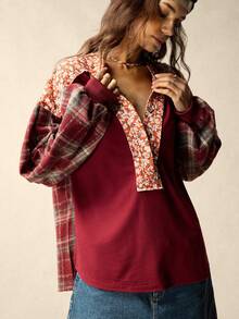 Women's Fabric Patchwork Lantern Sleeve Retro Casual Sweatshirt Patchwork Top Burgundy Blouse Fall Tops Red Checkered Top 70s Tops - Burgundy - View 5
