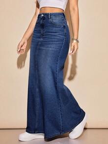 Rivivi Women's High Waist Pocketed Casual Extra Long A-Line Denim Skirt - Dark Wash - View 12