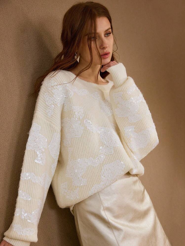 SEQUIN EMBROIDERED TEXTURED PULLOVER SWEATER