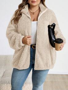 SHEIN CURVE+ Plus Size Solid Color Sherpa Zip-Up Long Sleeve Jacket, Autumn/Winter - Apricot - View 5