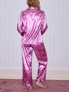 Bow Print Satin Cute Girl/Women Pajama Set, Winter Clothes Satin Sleepwear Set Satin Pajamas Set Pink Silk Pajamas Set Purple Pajamas Set Sleep Wear Women Silk - Mauve Purple - View 2