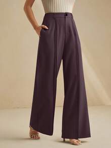 Anewsta بنطلون نسائي ذو تصميم ساق مطوية أنيق وراقي، باللون البني الداكن - الأرجواني - مشاهدة 5