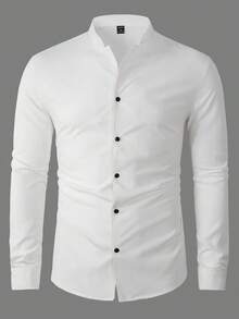 Manfinity Mode Men's Solid Color Long Sleeve Shirt, Button Up Plain All White Casual Shirt, For Fall - White - View 6