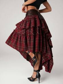 SHEIN ICON Women's Waist Buckle Design Plaid Ruffle Asymmetric Hem Fashionable A-Line Skirt - Brown - View 5