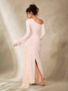 SHEIN 优雅孕妇派对礼服，拼接设计，长袖，不对称领口，双层，腰部系带，前短后长的鱼尾裙摆 - 粉色 - 查看 2