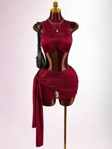 Amplova 2026新款蕾丝透视性感内衣套装，前系带裙装，女士款 - 紅色 - 查看 1