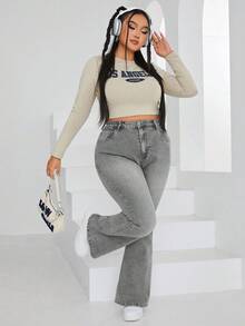 Jeanoix Plus Size Women Pockets Button Slim Fit Flared Jeans, Versatile For Daily Wear - Grey - View 5