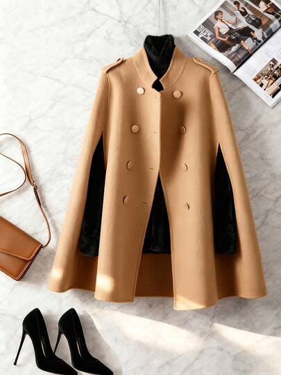 Franclia 驼色纯色简约斗篷式前开襟女式秋冬羊毛夹克