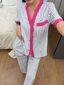 SHEIN 女士爱心条纹印花撞色短袖睡衣套装 - 彩色 - 查看 6