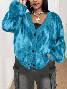 Maweii 大码扎染时尚长袖开衫 - 藍色 - 查看 4