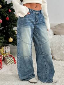 Rivivi Jeans de mujer de cintura baja y pierna ancha lavados - Azul lavado medio - Ver 4