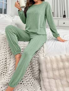 Women's Jacquard Knit Long Sleeve Top And Pants Pajama Set - Mint Green - View 4