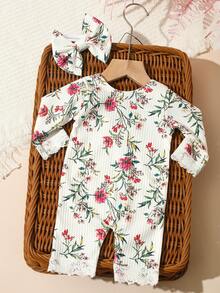 SHEIN Bộ 2 bộ đồ liền thân chụp ảnh trẻ sơ sinh viền ren có băng đô nơ in hoa trang phục chụp ảnh cho bé gái dùng để chụp ảnh trẻ sơ sinh - Nhiều màu - Xem 6