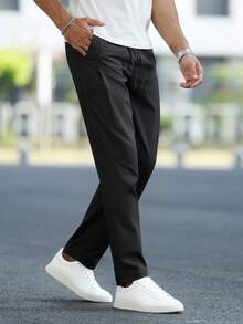 Manfinity Homme Men's Solid Color Drawstring Waist Pockets Straight Leg Casual Pants - Black - View 5