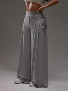 Dewbera Women's Ruched Casual Mesh Sports Pants, Spring/Autumn Wide Leg Yoga Pant Palazzo Pants Women - Grey - View 4