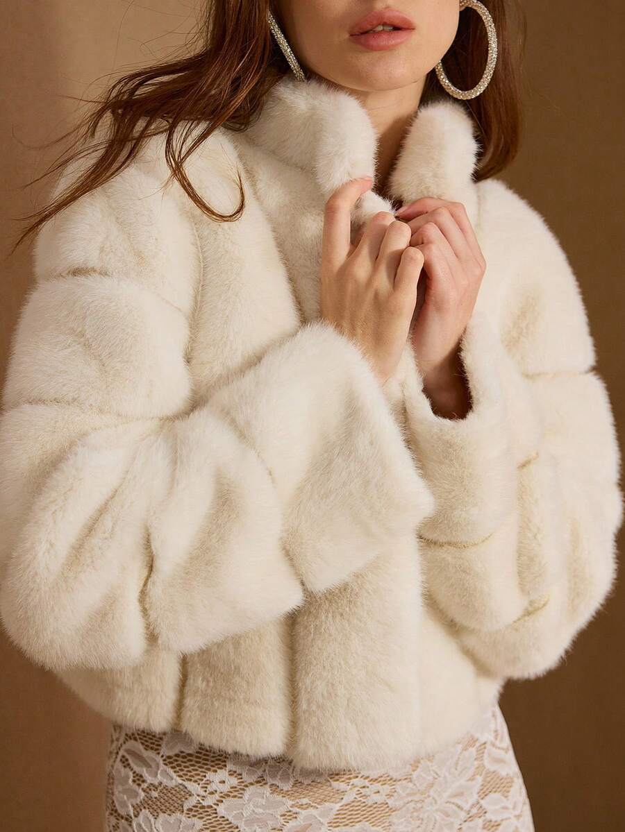 MOTF PREMIUM WOMEN FALL WINTER SOLID CROP FAUX FUR COAT