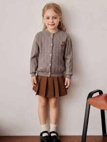 PrepCrw Young Girls' Collegiate Style Bear Embroidery Patch Front Knit Cardigan - Camel - View 3